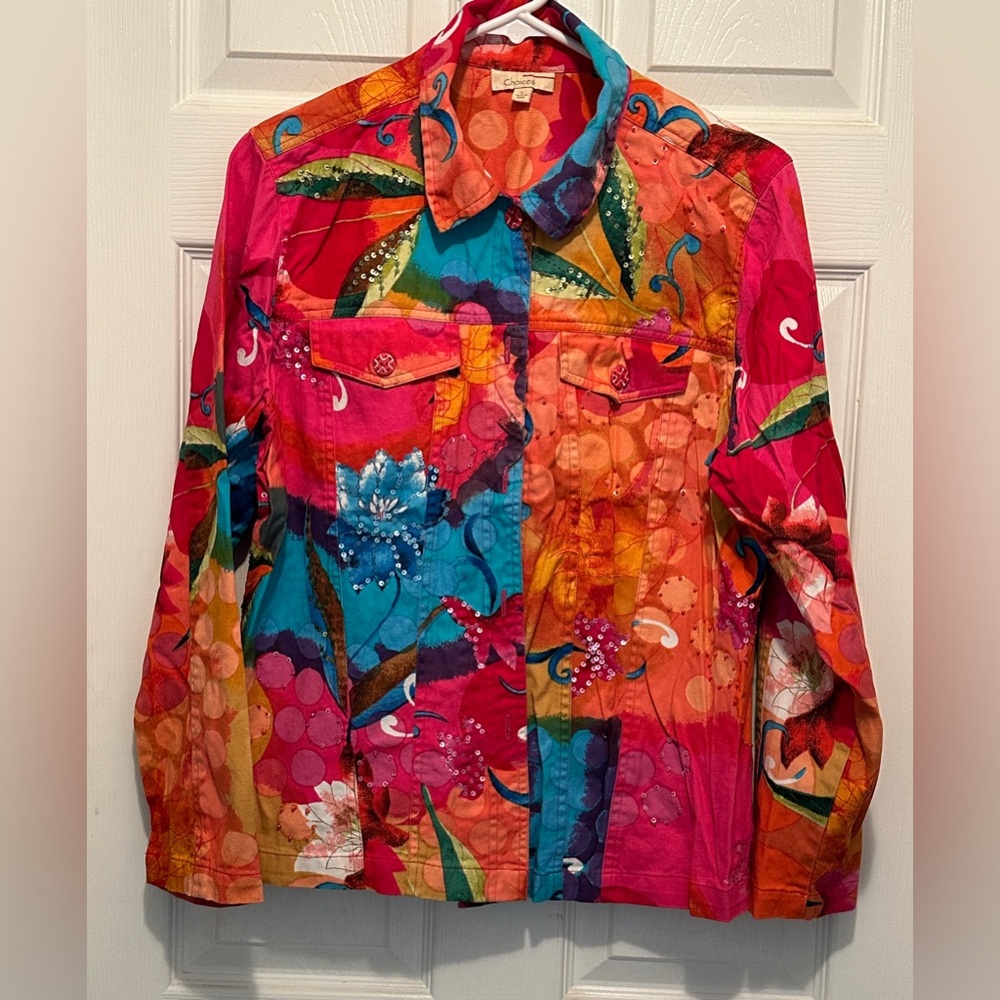 Women’s Lightweight Pink Orange Blue Floral Sequin Bead Embellished Jacket SZ L